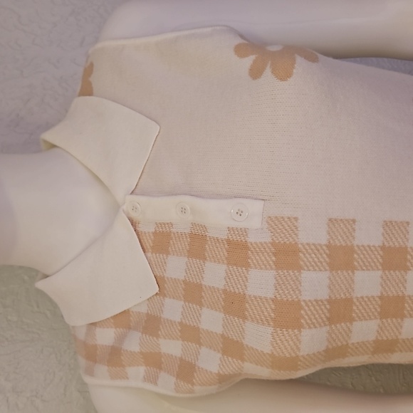 LE LIS Cream Tan Check Floral Mod Sleeveless Sweater Mini Bodycon Micro Dress - Picture 4 of 9